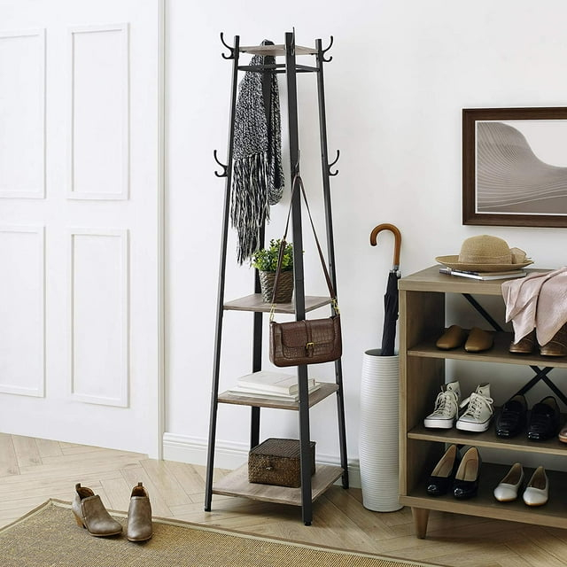 VASAGLE ALINRU Coat Rack with 3 Shelves Stand with Hooks for Scarves Bags and Umbrellas