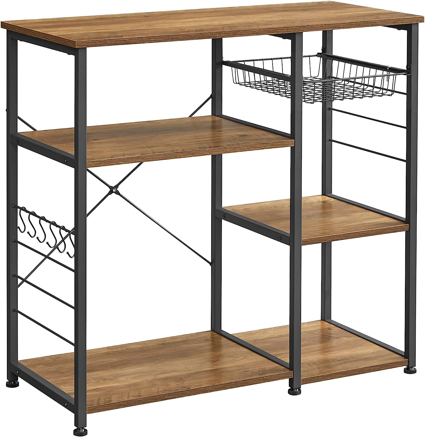 ALINRU Kitchen Baker’s Rack Coffee Bar Microwave Oven Stand 6 Hooks for Mini Oven Rustic Walnut and Black