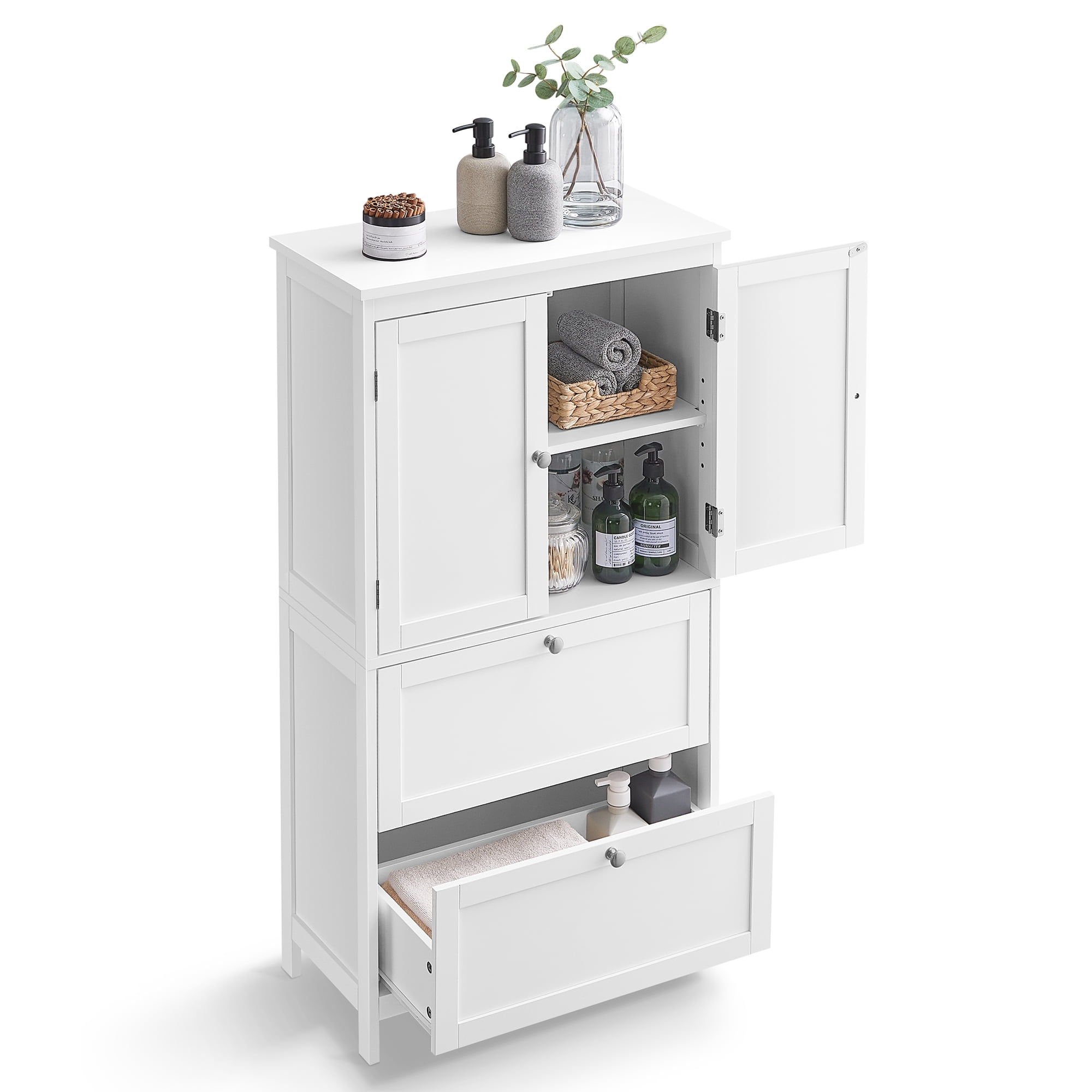 Bathroom Floor Storage Cabinet, Bathroom Storage Unit, Freestanding Bathroom Cabinet with 2 Drawers and 2 Doors, Adjustable Shelf, 11.8 x 23.6 x 43.3 Inches, White