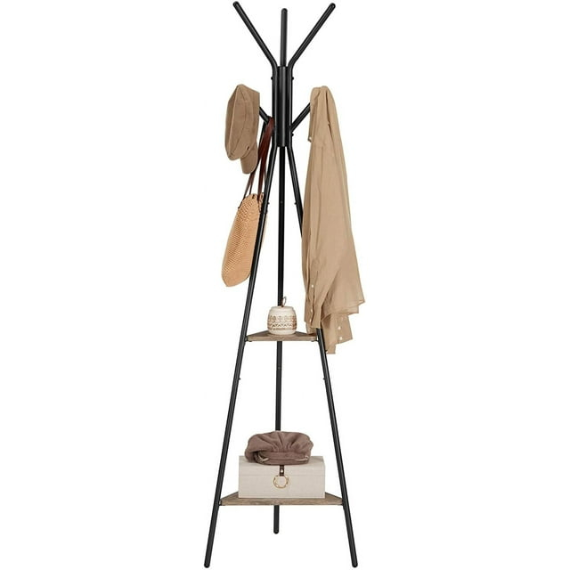 Coat Rack Freestanding Coat Hanger Stand Hall Tree with 2 Shelves for Clothes Hat Bag Industrial Style Greige and Black