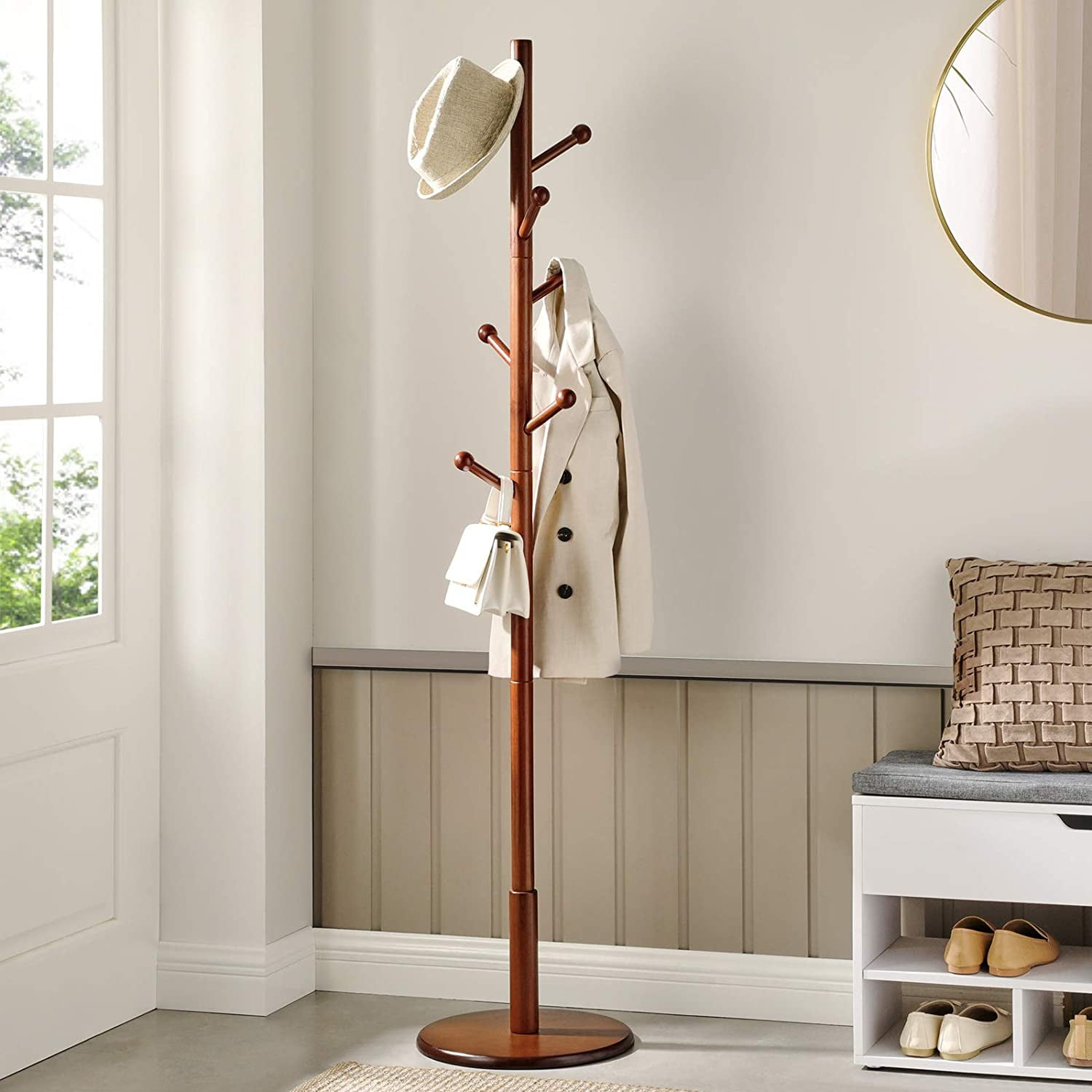 Coat Rack with 7 Rounded Hooks, Hall Tree, Coat Stand Dark Walnut