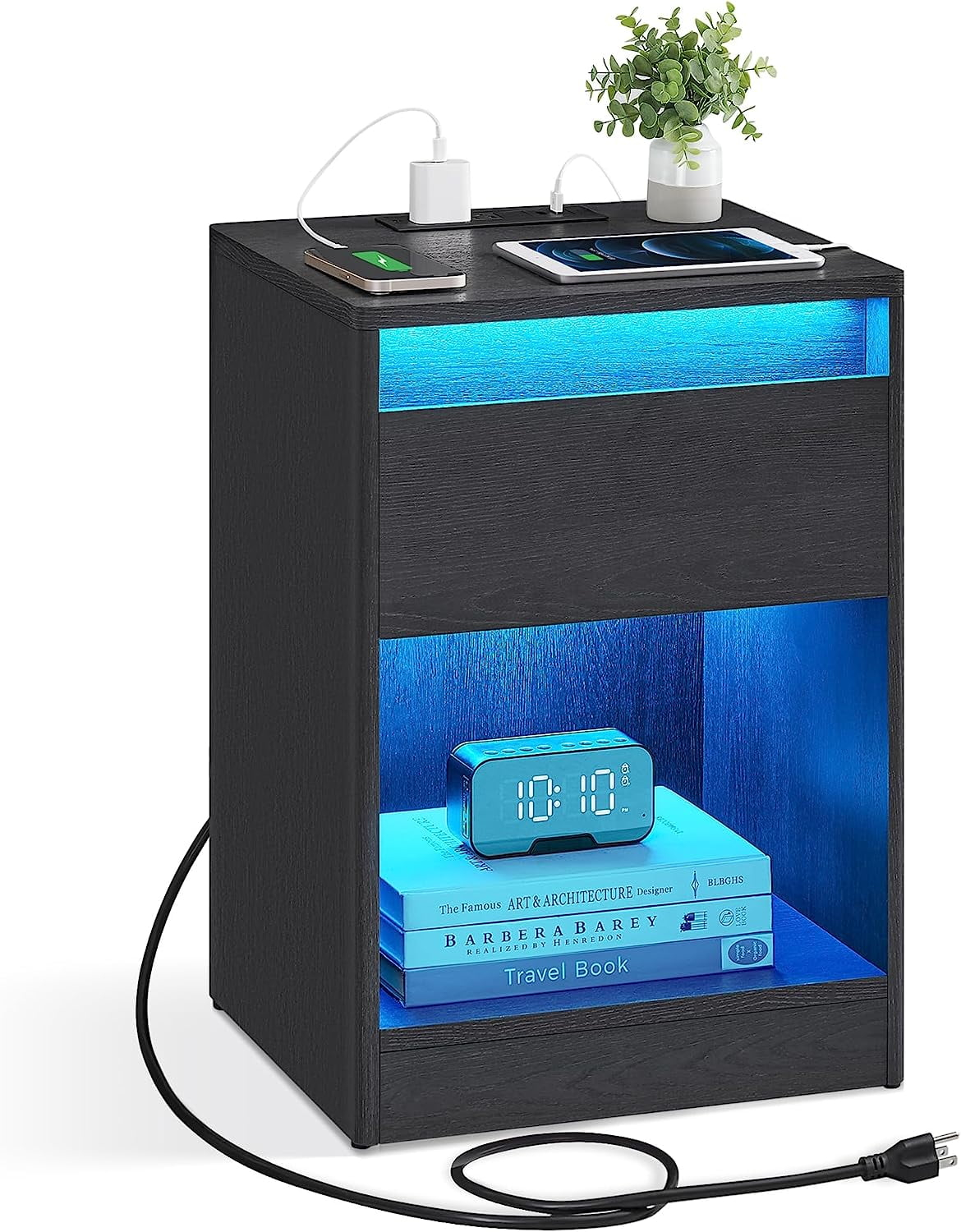 LED Nightstand with Charging Station Bedside Table with Drawer 2 AC Outlets 2 USB Ports Modern for Bedroom Living Room 13.7" D x 15.7" W x 21.7" H Black