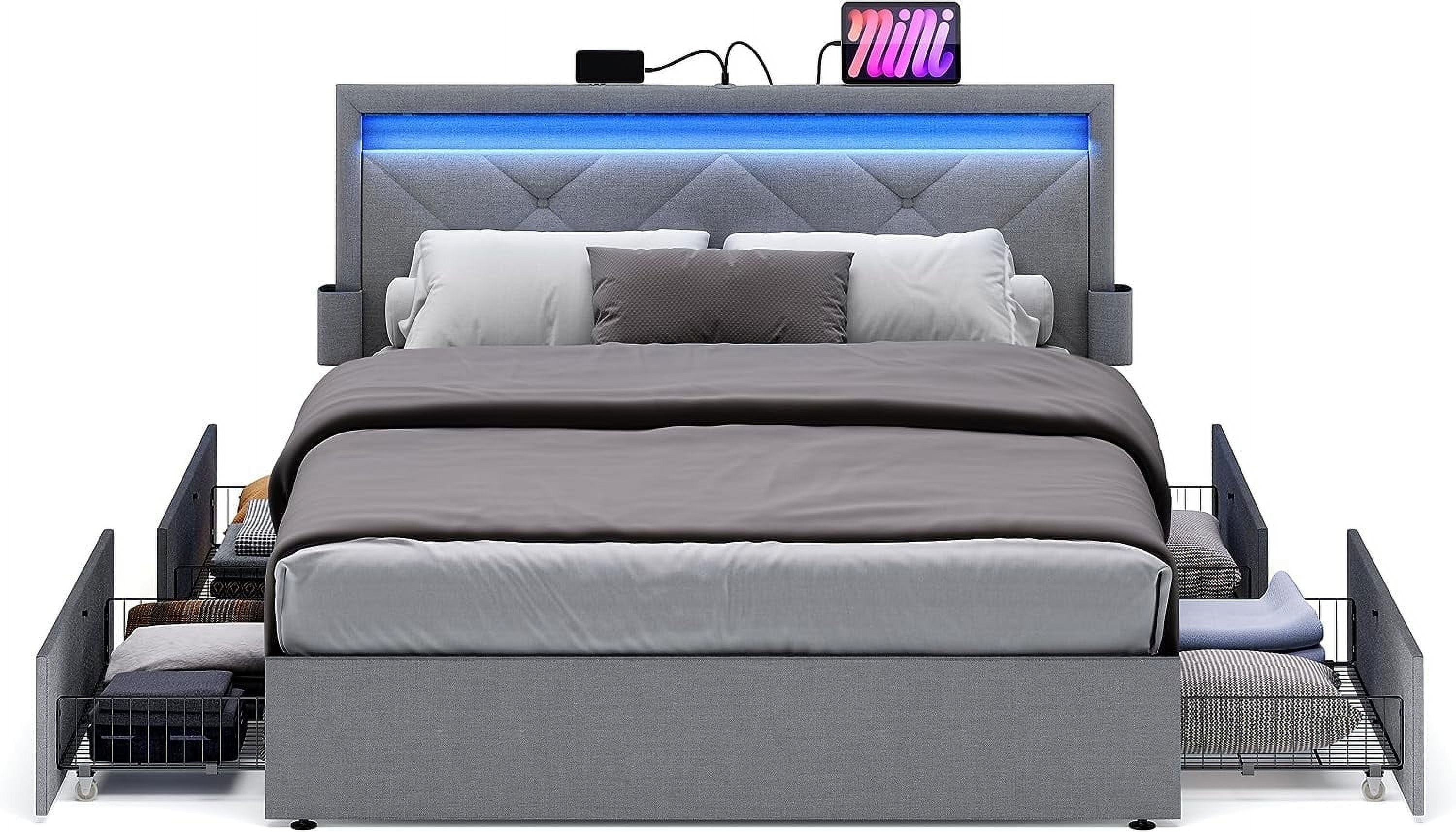 Queen Size LED Bed Frame with Headboard and 4 Drawers Storage Adjustable Upholstered Headboard 1 USB Port and 1 Type C PortNo Box Spring Needed Light Grey