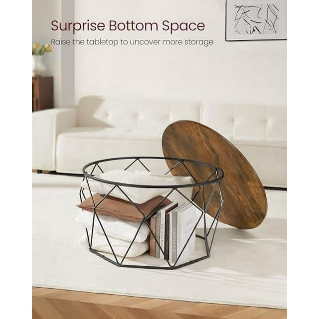 VASAGLE Round Coffee Table for Living Room, Cage Cocktail Table with Steel Frame, 31.5 Inches Dia., Industrial Style, Rustic Brown and Black ULCT040B01