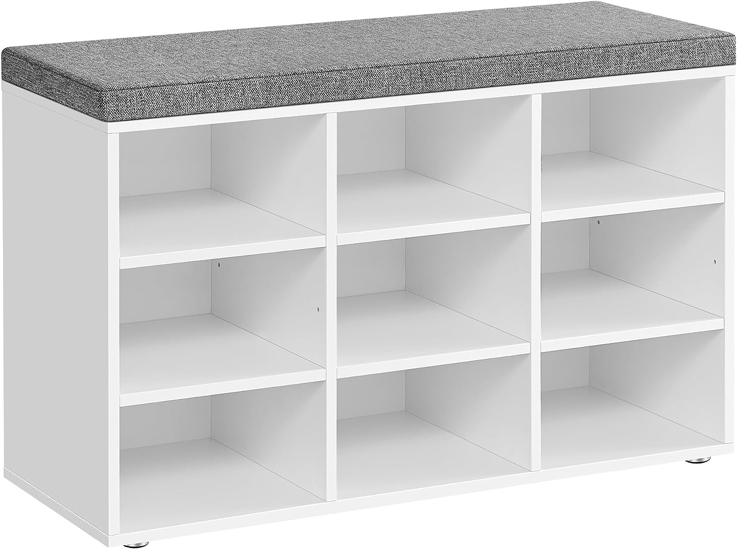 VASAGLE 9-Compartment Adjustable Shelves Storage Bench with Cushion, White and Gray