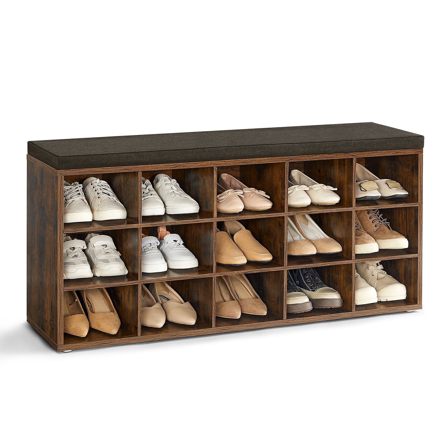 Killeryuki Shoe Bench with Cushion, Storage Bench with Padded Seat, Entryway Bench with 15 Compartments, for Bedroom, 11.8 x 41.3 x 18.9 Inches, Rustic Brown and Chestnut Brown ULHS15BX