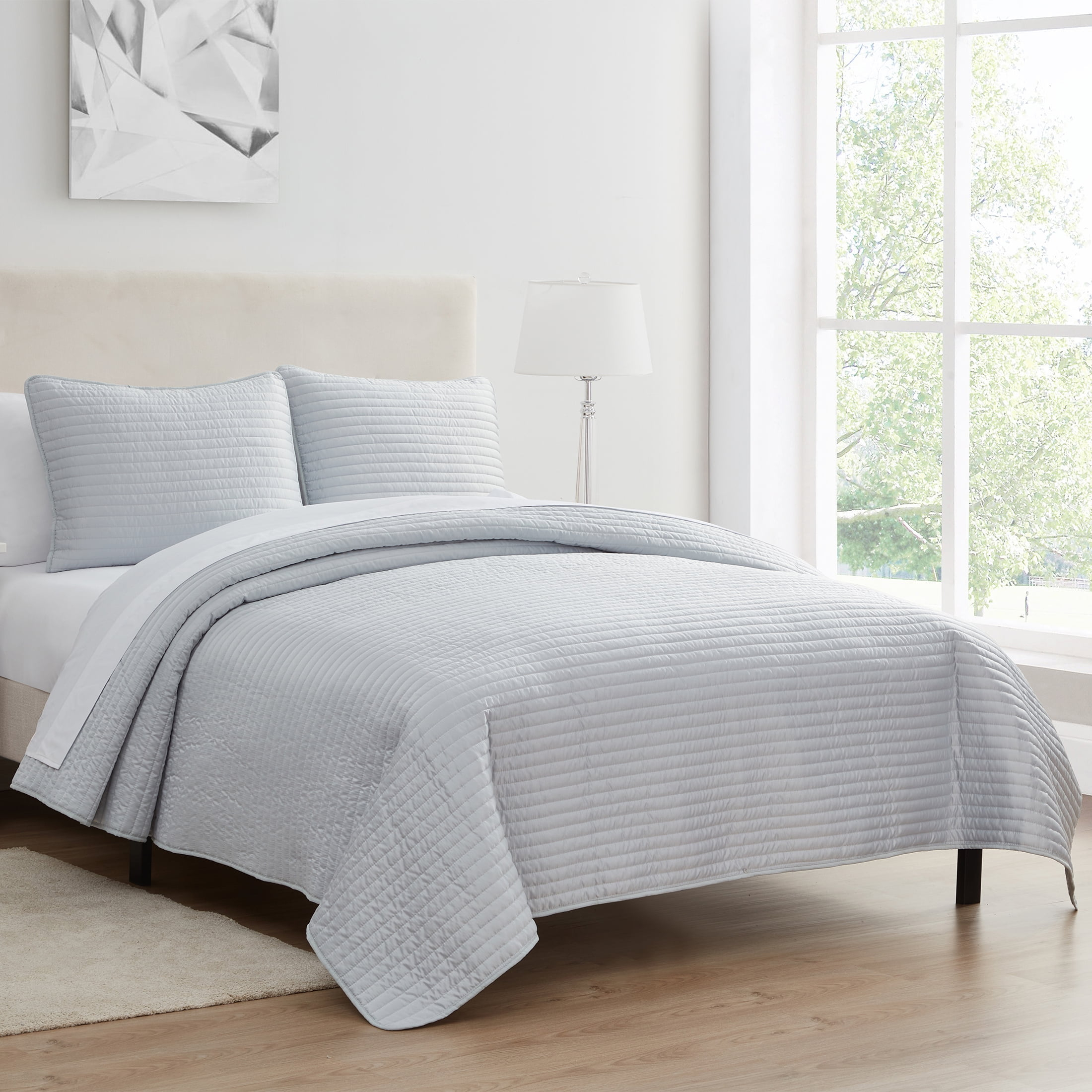 VCNY Serenity 3-Piece Grey Textured Stripe Quilt Set