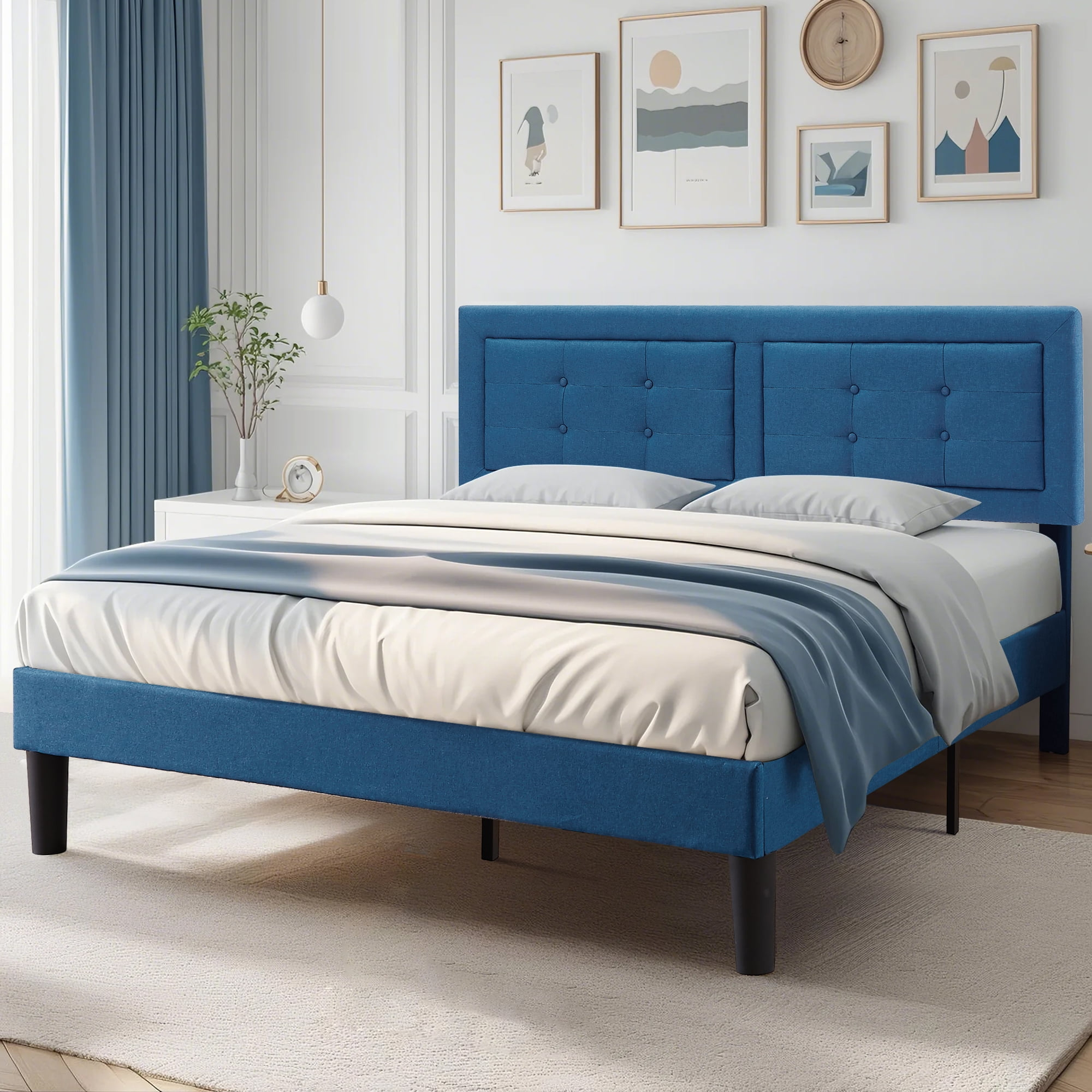 VECELO Full Size Bed Frame, Modern Platform Bed Frame with Adjustable Button Tufted Upholstered Headboard for Bedroom, No Box Spring Needed, Easy Assembly, Blue