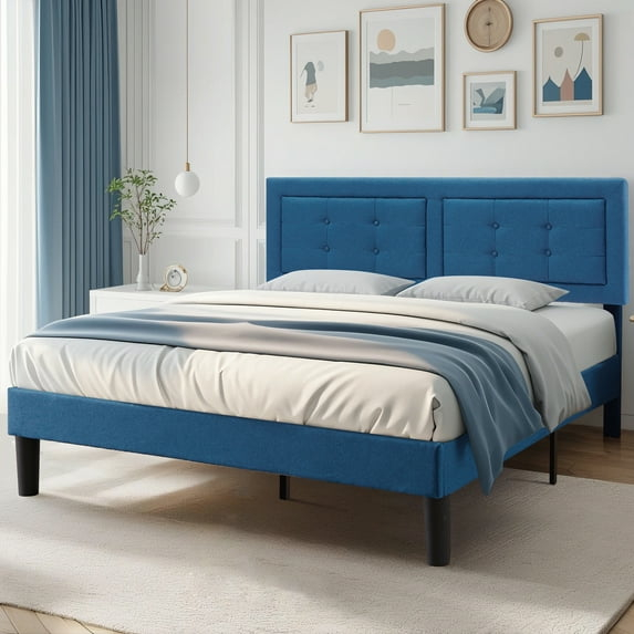 VECELO Full Size Bed Frame, Modern Platform Bed Frame with Adjustable Button Tufted Upholstered Headboard for Bedroom, No Box Spring Needed, Easy Assembly, Blue