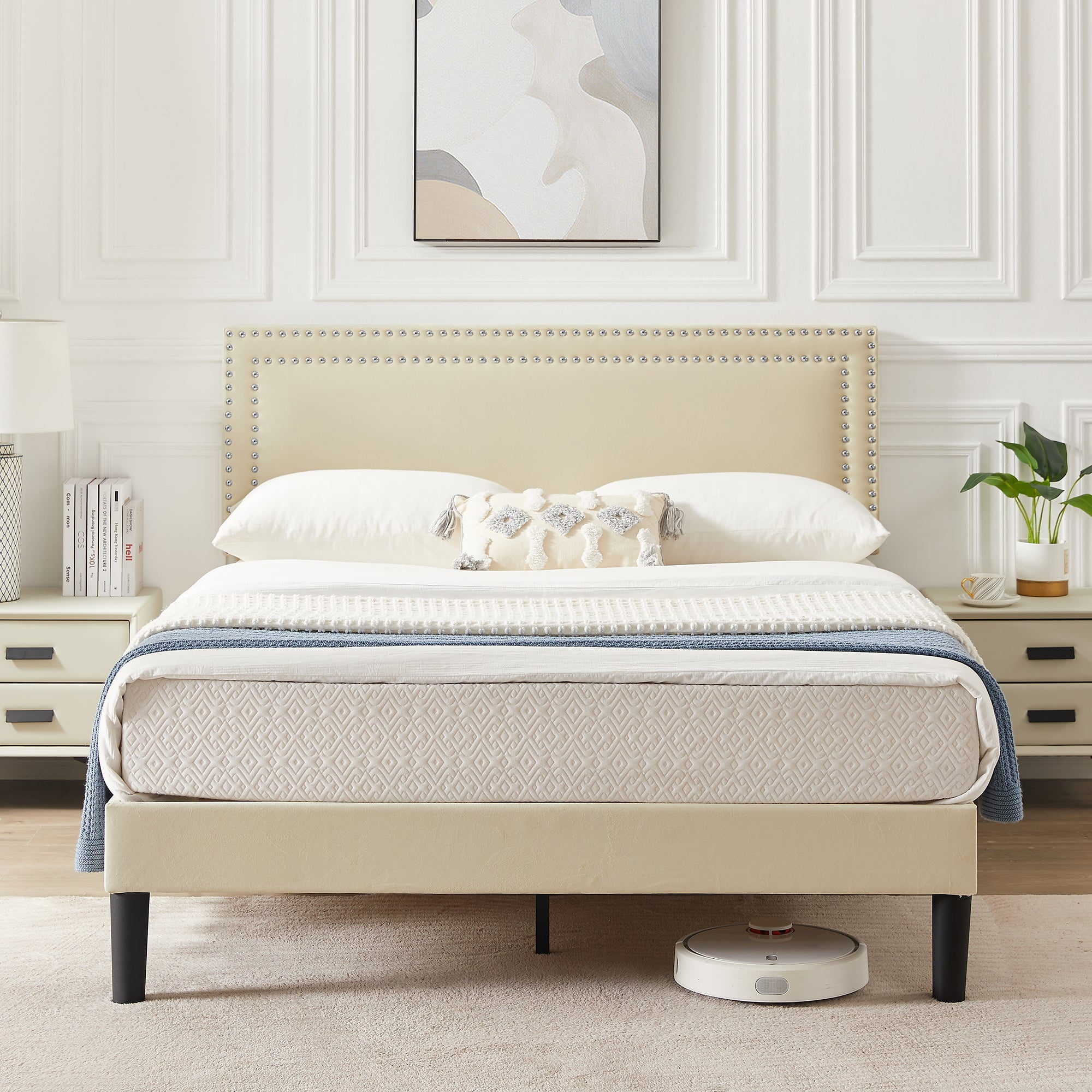 Katkuca Queen Bed Frame, Upholstered Queen Size Platform Bed Frame with Adjustable Headboard, Strong Wood Slat Support, No Box Spring Needed, Beige
