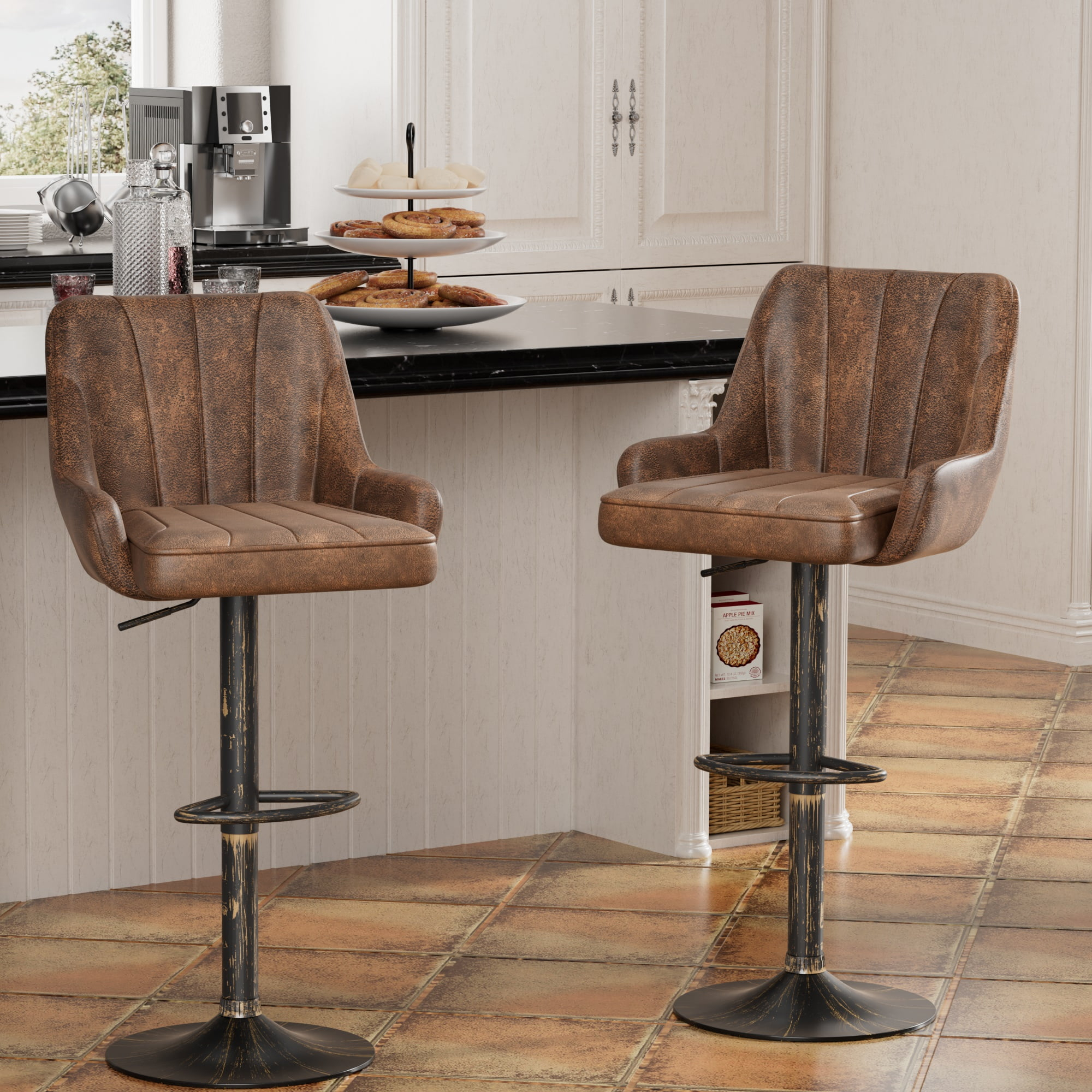 VECELO Set of 2 Swivel Bar Stools, Adjustable Counter Height Barstools Faux Leather Chair with Backrest and Armrest, Dark Brown