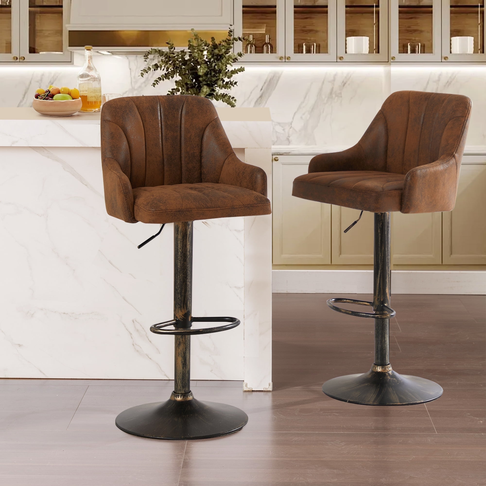VECELO Set of 2 Swivel Bar Stools, Adjustable Counter Height Barstools Faux Leather Chair with Backrest and Armrest, Dark Brown