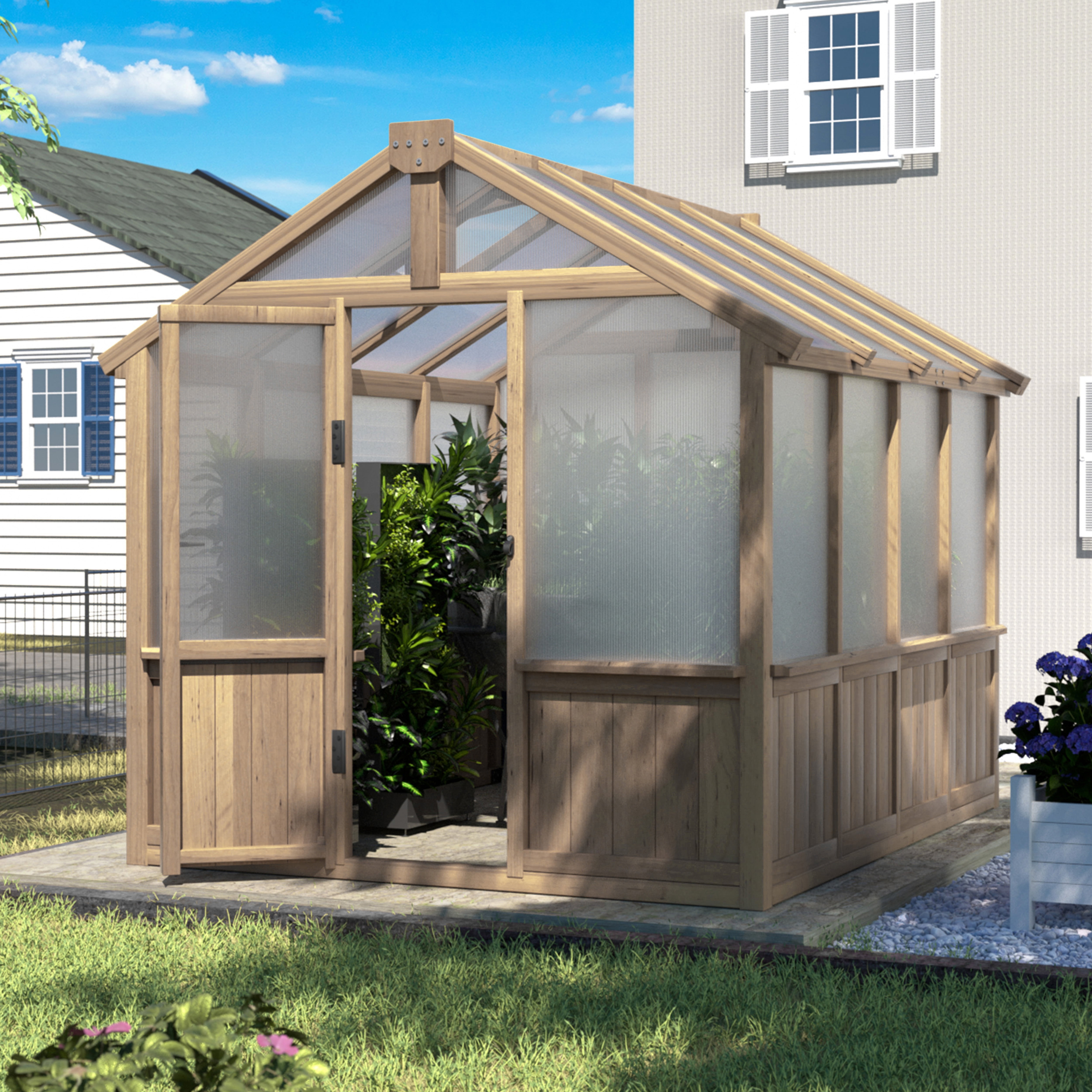 VEIKOUS 8'x6' Outdoor Cedar Wood Greenhouse w/ Lockable Door & Adjustable Window for Patio