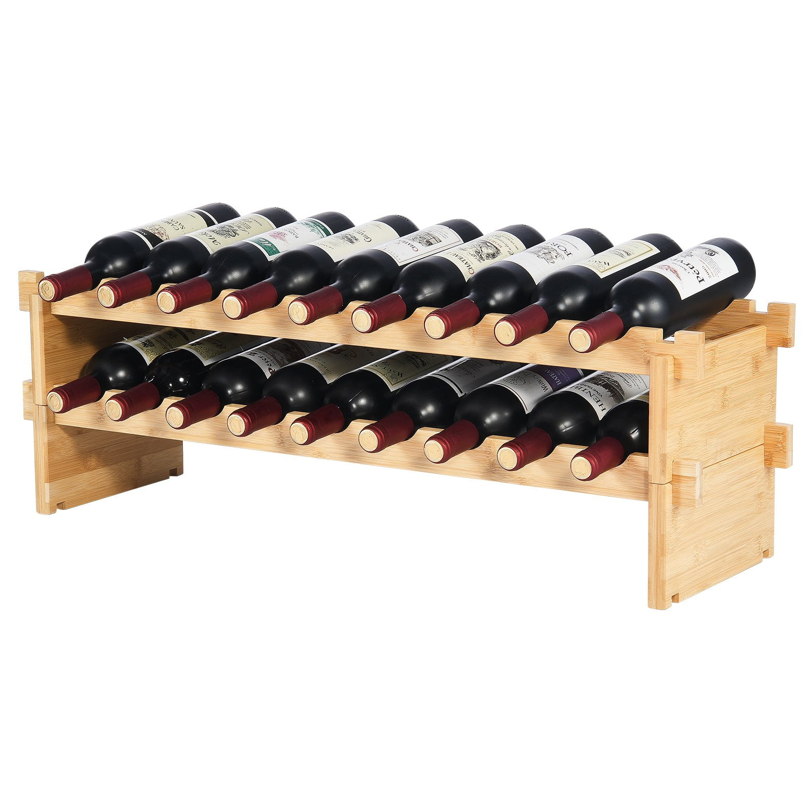 VEVOR 18-Bottle Stackable Modular Wine Rack, 2-Tier Bamboo Wood Display Shelf