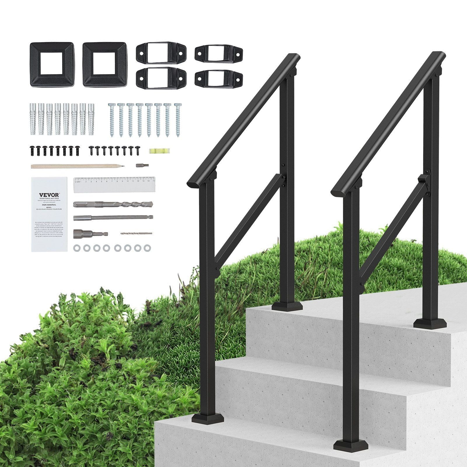 VEVOR Handrails for Outdoor Steps, 2 PCS 2-3 Step Stair Hand Rail Kit, Transitional Carbon Steel Railings with Installation Kit, Stair Rails for Seniors, Concrete & Porch & Deck, Black Square Tube