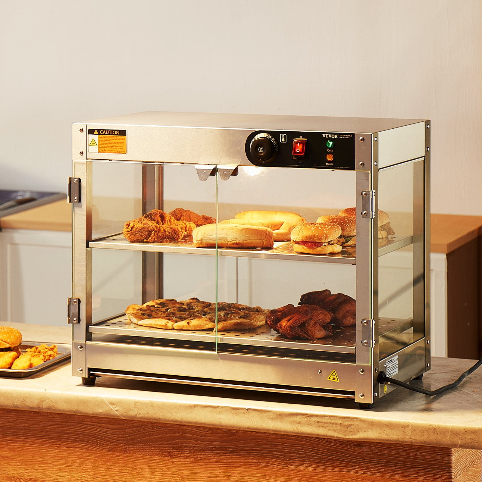 VEVOR 2-Tier Commercial Food Warmer Display - Countertop Pizza Cabinet with Light