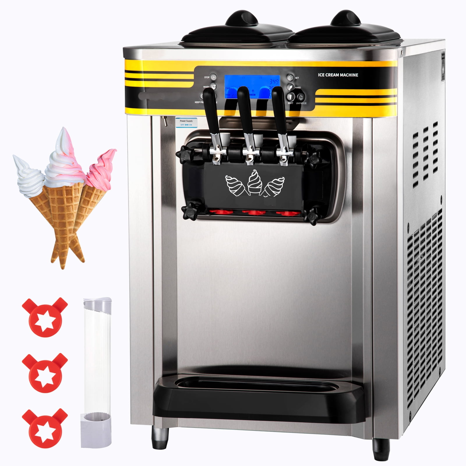 BENTISM Máquina para Hacer Helados Comercial, Rendimiento de 22-30 L/h, Máquina para Servir Suave con Encimera de 2350 W con Tolva de 2x6 L, Panel LCD de 2 L, Alarma de Falta de Hinchamiento, Máquina para Hacer Yogur Congelado para Bar de Snacks de Restaurante
