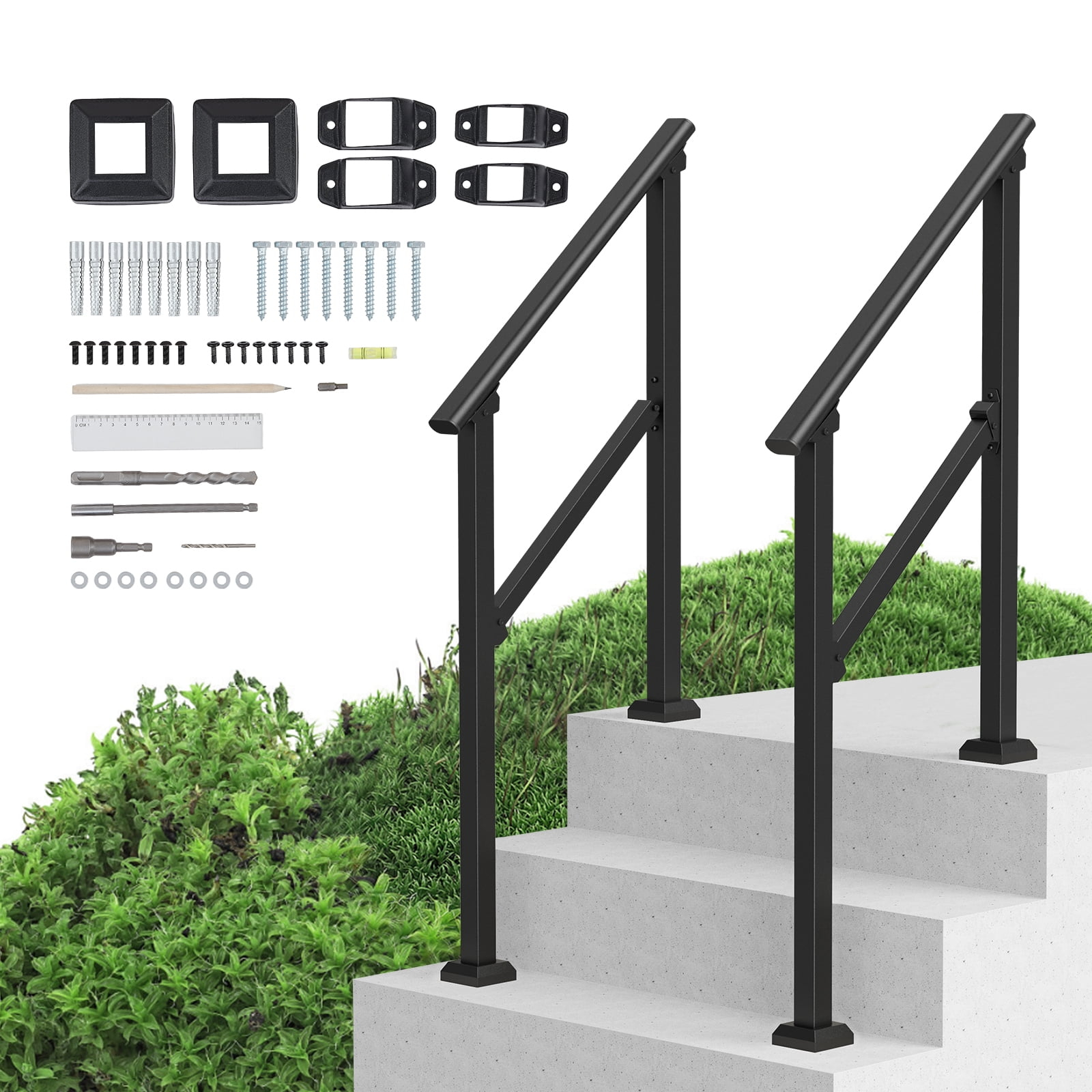 VEVOR Handrails for Outdoor Steps, 2 PCS 2-3 Step Stair Hand Rail Kit, Transitional Carbon Steel Railings with Installation Kit, Stair Rails for Seniors, Concrete & Porch & Deck, Black Square Tube