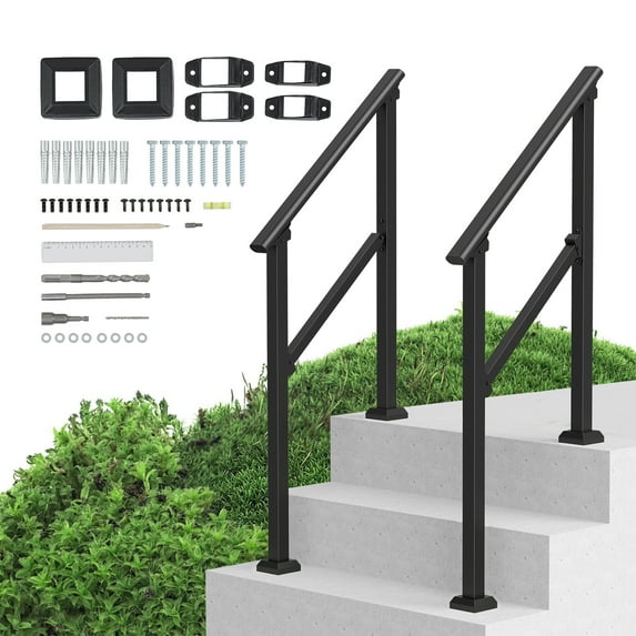 VEVOR Handrails for Outdoor Steps, 2 PCS 2-3 Step Stair Hand Rail Kit, Transitional Carbon Steel Railings with Installation Kit, Stair Rails for Seniors, Concrete & Porch & Deck, Black Square Tube