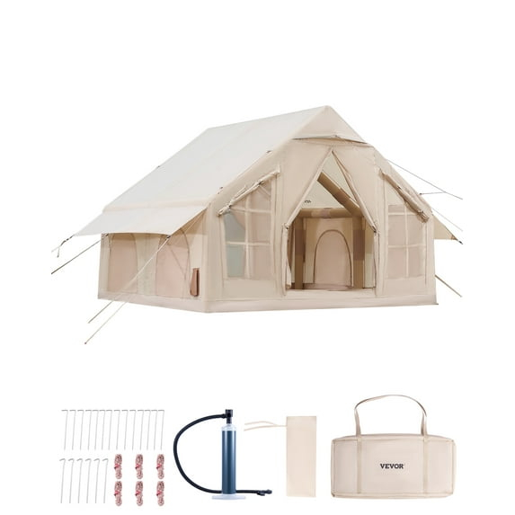 VEVOR Inflatable Tents for Camping, 4-6 Person Easy Setup Blow up Tent with Hand Pump,300D Oxford 4 Season Glamping Tent with Stove Jack 2 Doors & 4 Mesh Windows,Storage Bag Included for Easy Taking