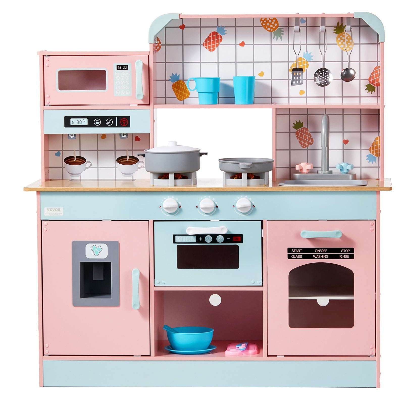 VEVOR Play Kitchen for Kids, Wooden Toy Kitchen Set with Lights and Sounds, Toddler Kitchen with Ice Maker, Oven, Sink, Microwaves, Fridge and Utensil and Fruit Accessory for Toddlers ages 3-8, Pink