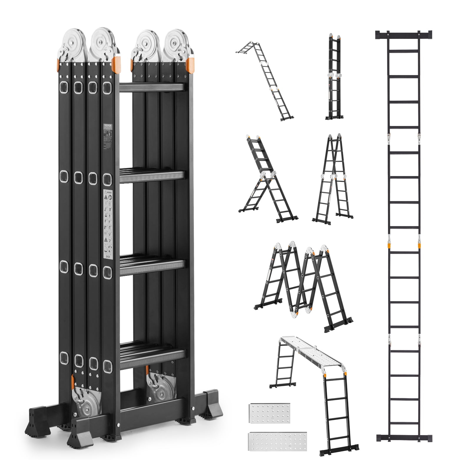 VEVOR Escalera Plegable Multiusos, Escalera de Extensión 7 en 1 de Altura, un Marco de 4 Escalones con Escalera Telescópica con Tablón de Andamio, Altura de Alcance de 15,5 Pies para Trabajo Pesado, Capacidad de 330 Libras para el Hogar Al Aire Libre