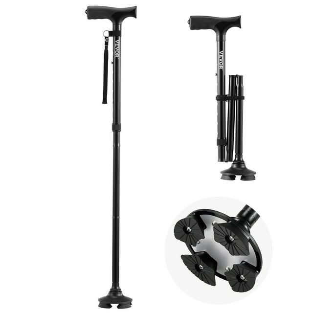 VEVOR Walking Cane for Man Woman, Folding Walking Stick with 8-Level Adjustable Height, 4-Pronged Pivoting Base, Lightweight & Portable Aluminum Mobility Aid for Seniors Adults, 250LBS Loading(Black)