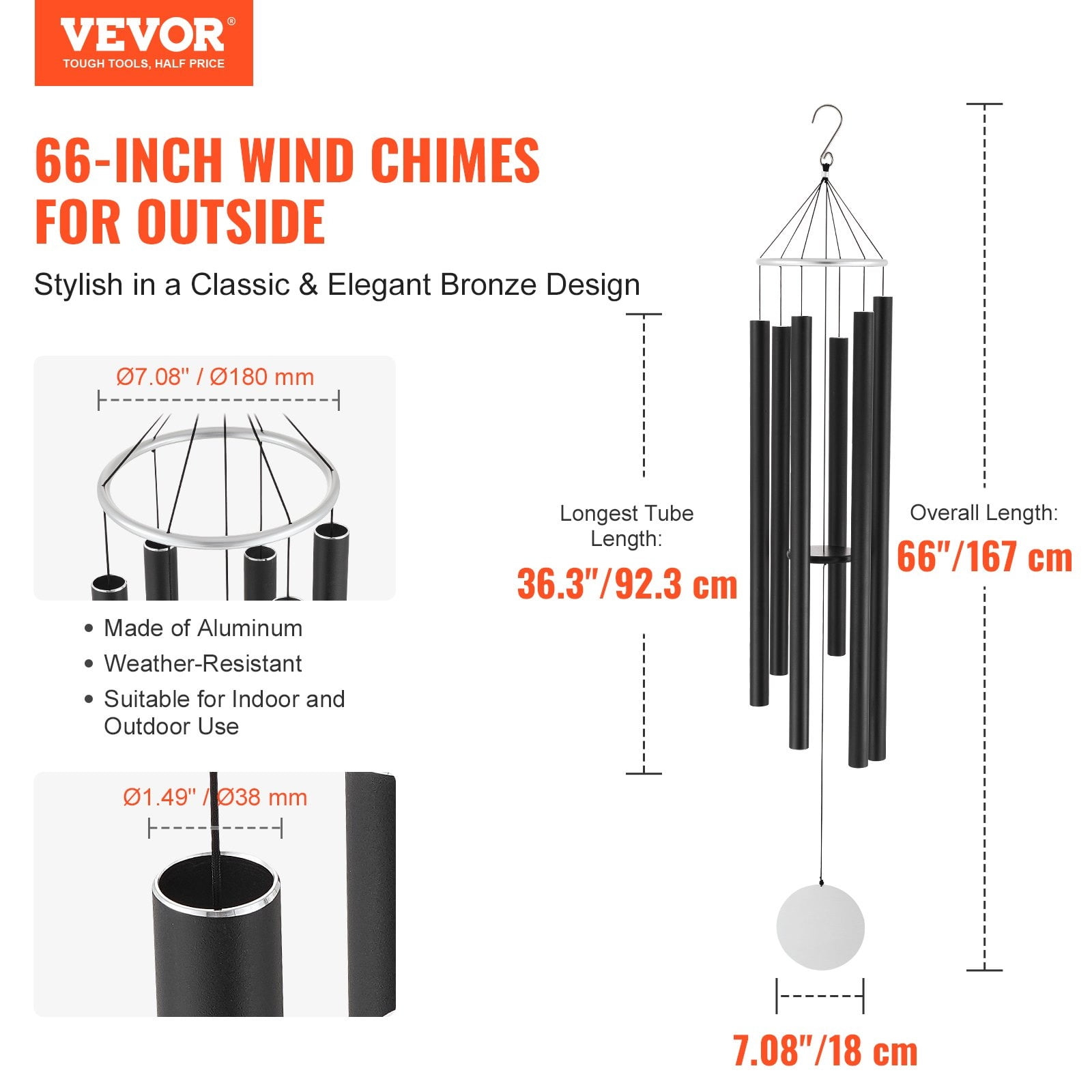 Vevor JSFLHS66INCH8UZWQV0 66 in. Outside Aluminum Memorial Deep Tone Wind Chimes - Black