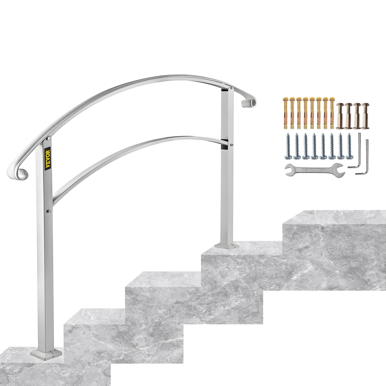 VEVORbrand 1-4 Steps Handrail Rackable to a range of 0°to 45°Matte White Stair Rail Wrought Iron Handrail with Installation Kit Hand Rails for Outdoor Steps