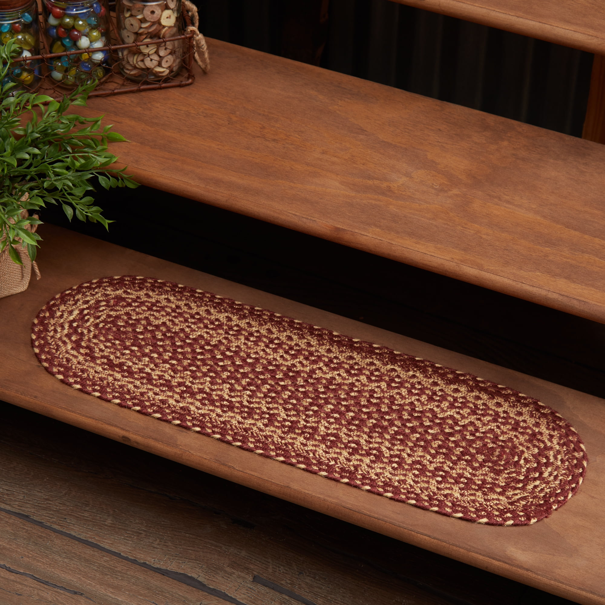 VHC Brands Burgundy Tan Jute Primitive Oval Stair Tread Non Slip Latex Backing, 8.5 x 27"