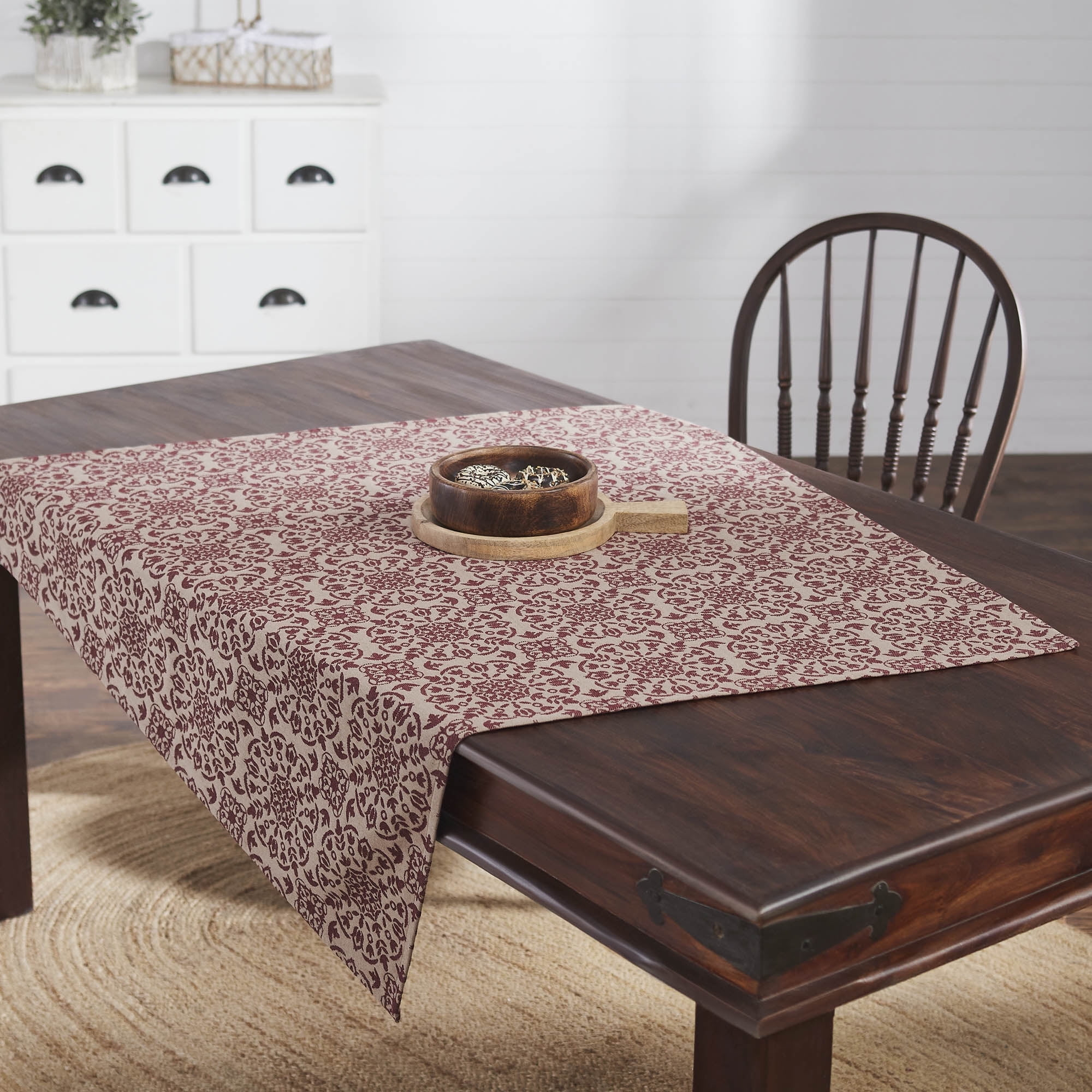 VHC Brands Custom House Burgundy & Tan Jacquard Table Topper 42x42, Kitchen and Dining Room Decor, Tabletop Accessory, Cotton, Custom House Collection, Square 42x42, Natural