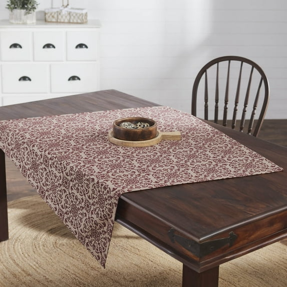 VHC Brands Custom House Burgundy & Tan Jacquard Table Topper 42x42, Kitchen and Dining Room Decor, Tabletop Accessory, Cotton, Custom House Collection, Square 42x42, Natural