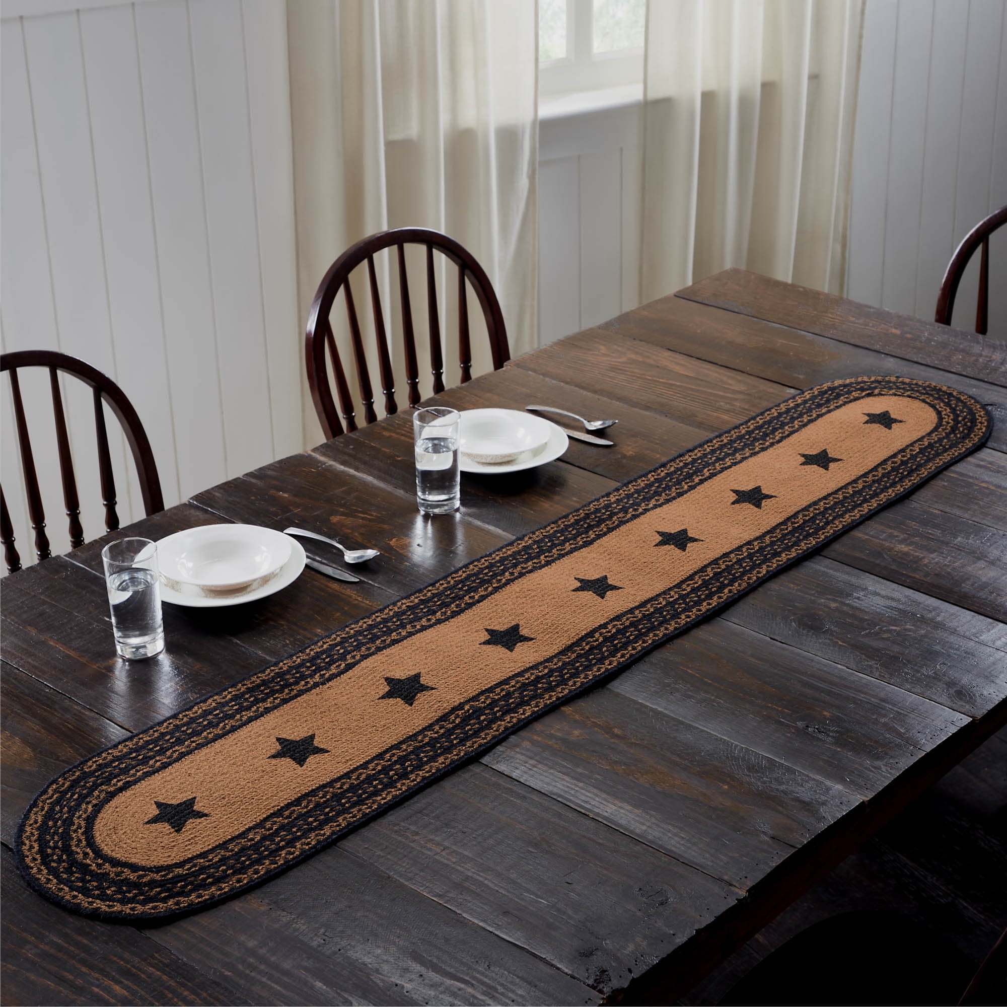 VHC Brands Farmhouse Star, Braided Jute Table Runner, Oval, Black Tan, 13x72