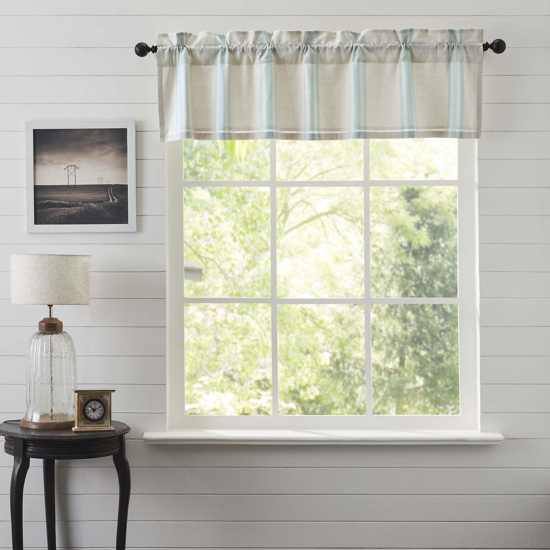 VHC Brands Grain Sack Aqua Blue Stripe Coastal Farmhouse Kitchen Curtain Valance 16x72
