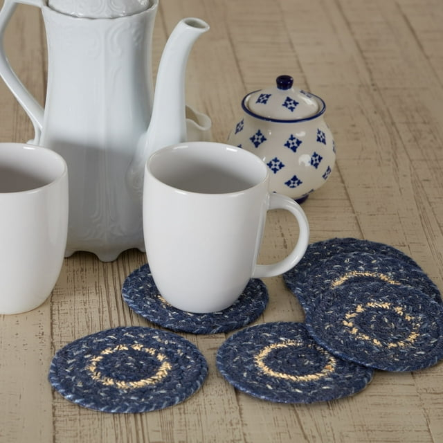 VHC Brands Great Falls Blue Coasters, Blue White, Jute Blend, Round Circle, Set of 6 Coasters