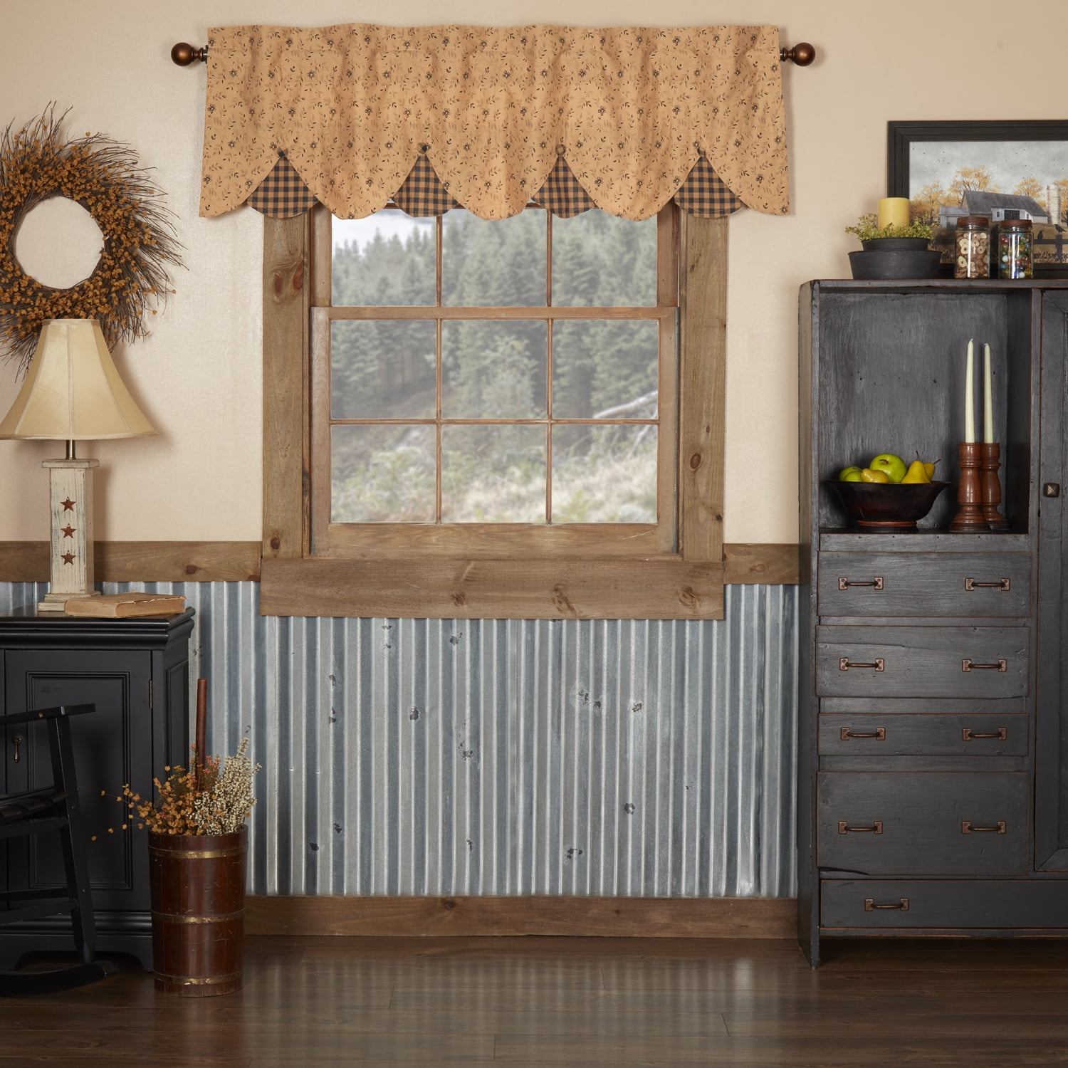 VHC Brands Maisie Primitive 18"x60" Valance Tan Rod Pocket Buttons Cotton Floral/Flower Hanging Loops Kitchen Window Curtains