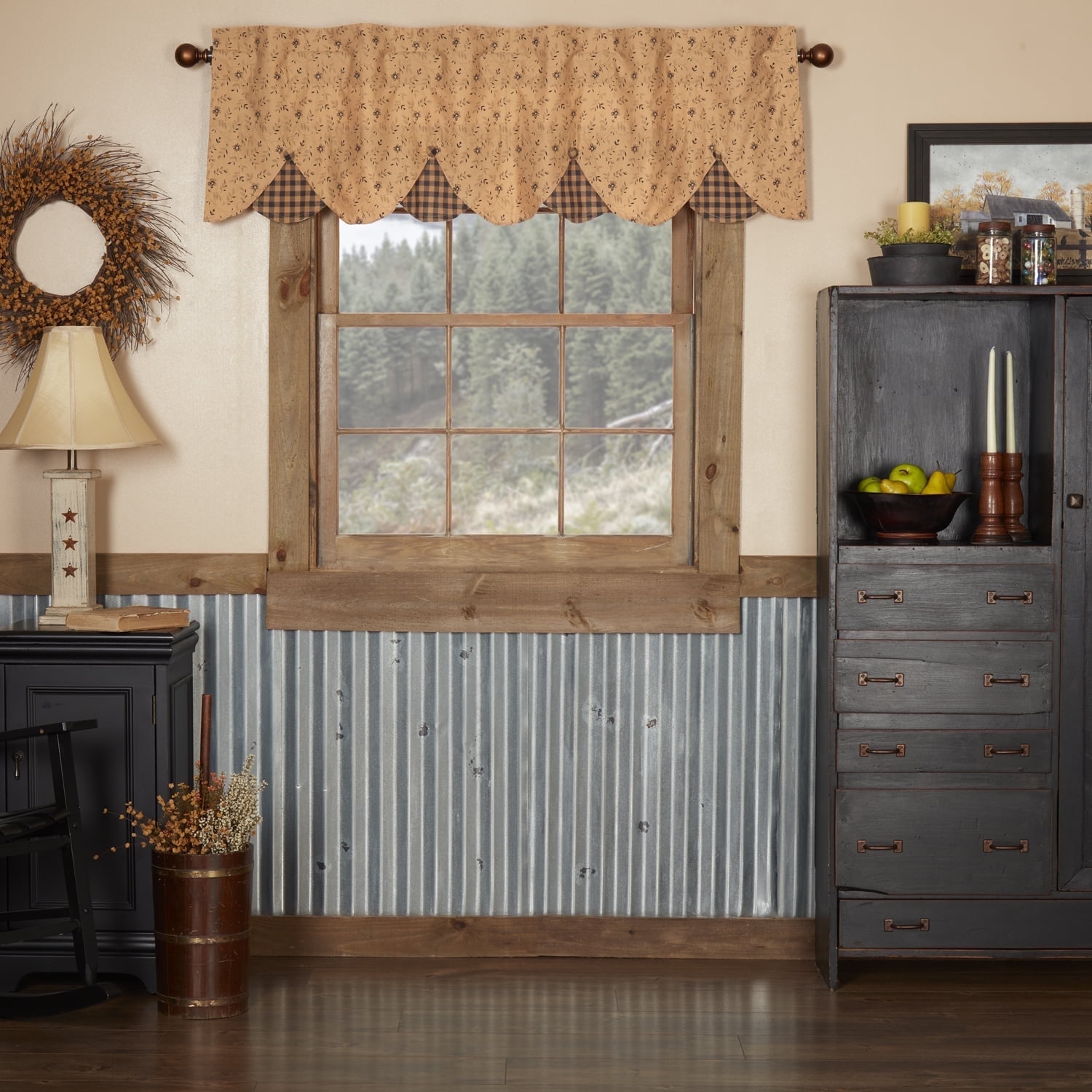 VHC Brands Maisie Primitive 18"x60" Valance Tan Rod Pocket Buttons Cotton Floral/Flower Hanging Loops Kitchen Window Curtains