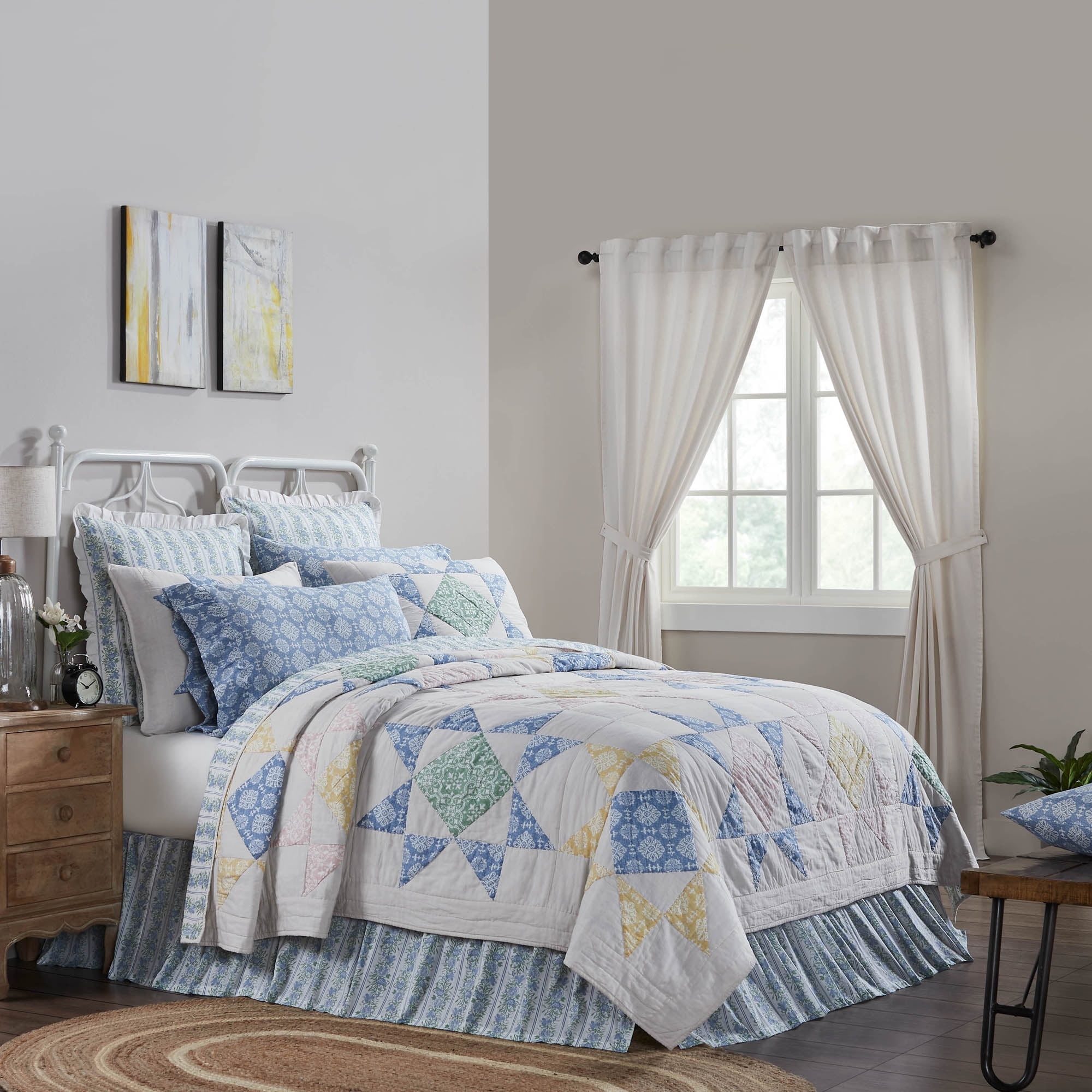 VHC Brands Jolie, Farmhouse Quilt Reversible, Patchwork, Queen, Blue & Green, 90x90