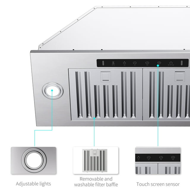 VIKIO 36 inch Built-in/Insert Range Hoods 900 CFM, Ducted/Ductless Convertible Duct, Stainless Steel Kitchen Vent Hood with 2 Pcs Adjustable Lights and 2 Pcs Baffle Filters with Handlebar