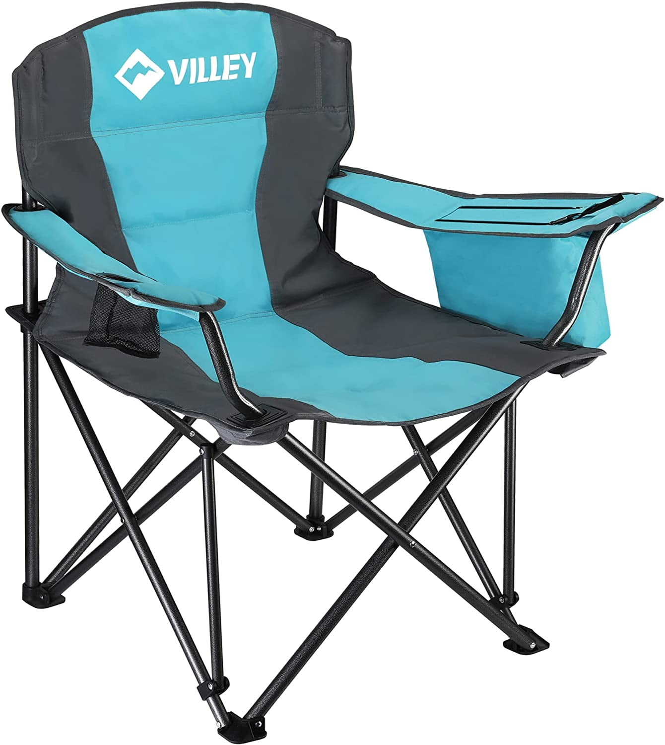 VILLEY Oversized Camping Chair, Heavy Duty Support 450 lbs, Folding Camp Chair, Portable Outdoor Chairs with Padded Seats, Cooler Bag, Cup Holder, Carry Bag for Camping, Lawn, Beach, Hiking, Blue