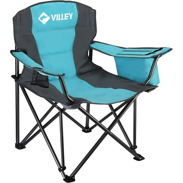 VILLEY Oversized Camping Chair, Heavy Duty Support 450 lbs, Folding Camp Chair, Portable Outdoor Chairs with Padded Seats, Cooler Bag, Cup Holder, Carry Bag for Camping, Lawn, Beach, Hiking, Blue