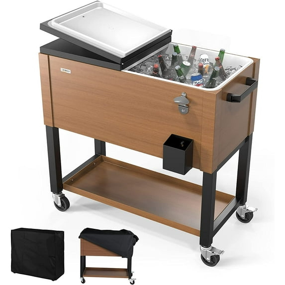 VINGLI 80 Quart Rolling Ice Chest on Wheels, Patio Cooler Cart with Waterproof Cooler Cart Cover, Beverage Rolling Cooler for Outdoor Patio Deck Party
