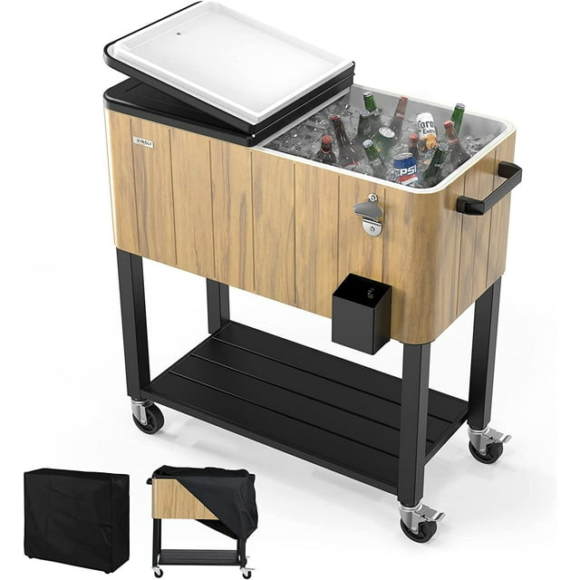 VINGLI 80 Quart Rolling Ice Chest on Wheels, Patio Cooler Cart with Waterproof Cooler Cart Cover, Beverage Rolling Cooler for Outdoor Patio Deck Party