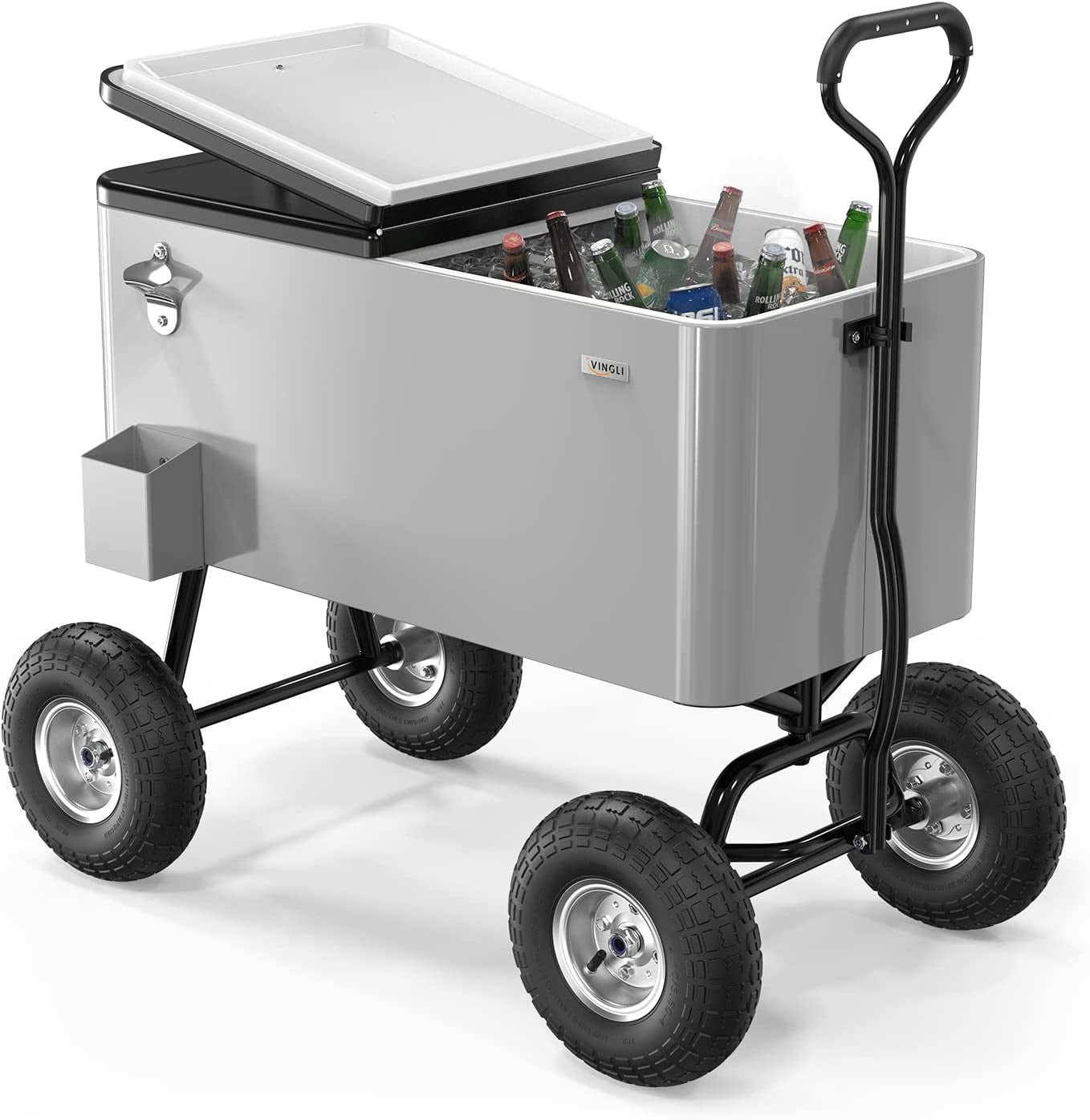 VINGLI 80qt. Wagon Rolling Cooler Ice Chest w/Long Handle and 10" Wheels, Patio Cooler, Outdoor Park Cart on Wheels
