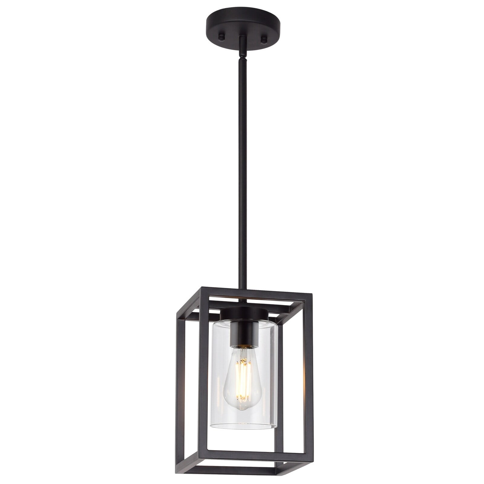 VINLUZ  1-Light Square/Rectangle Pendant Light with Clear Glass Black Matte