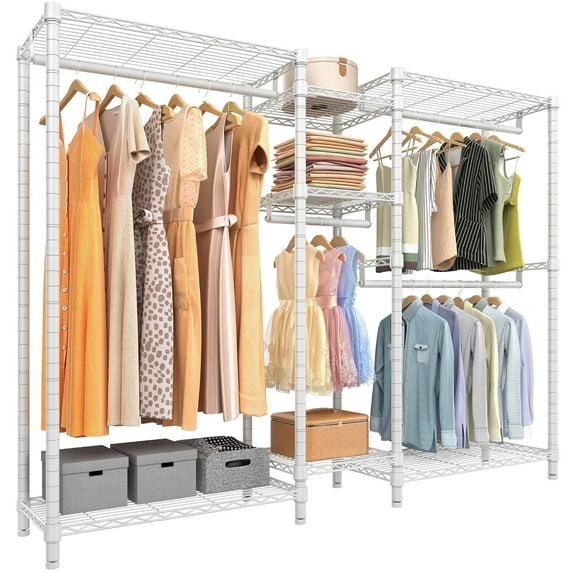 Ulif E7 Heavy Duty Garment Rack, Clothes Organizer and Storage Rack with Expandable Hangers, Metal Clothing Rack with 6 Wire Shelves, (52.3"-72") W x 14.5" D x 71.2" H, Load 838 LBS, White