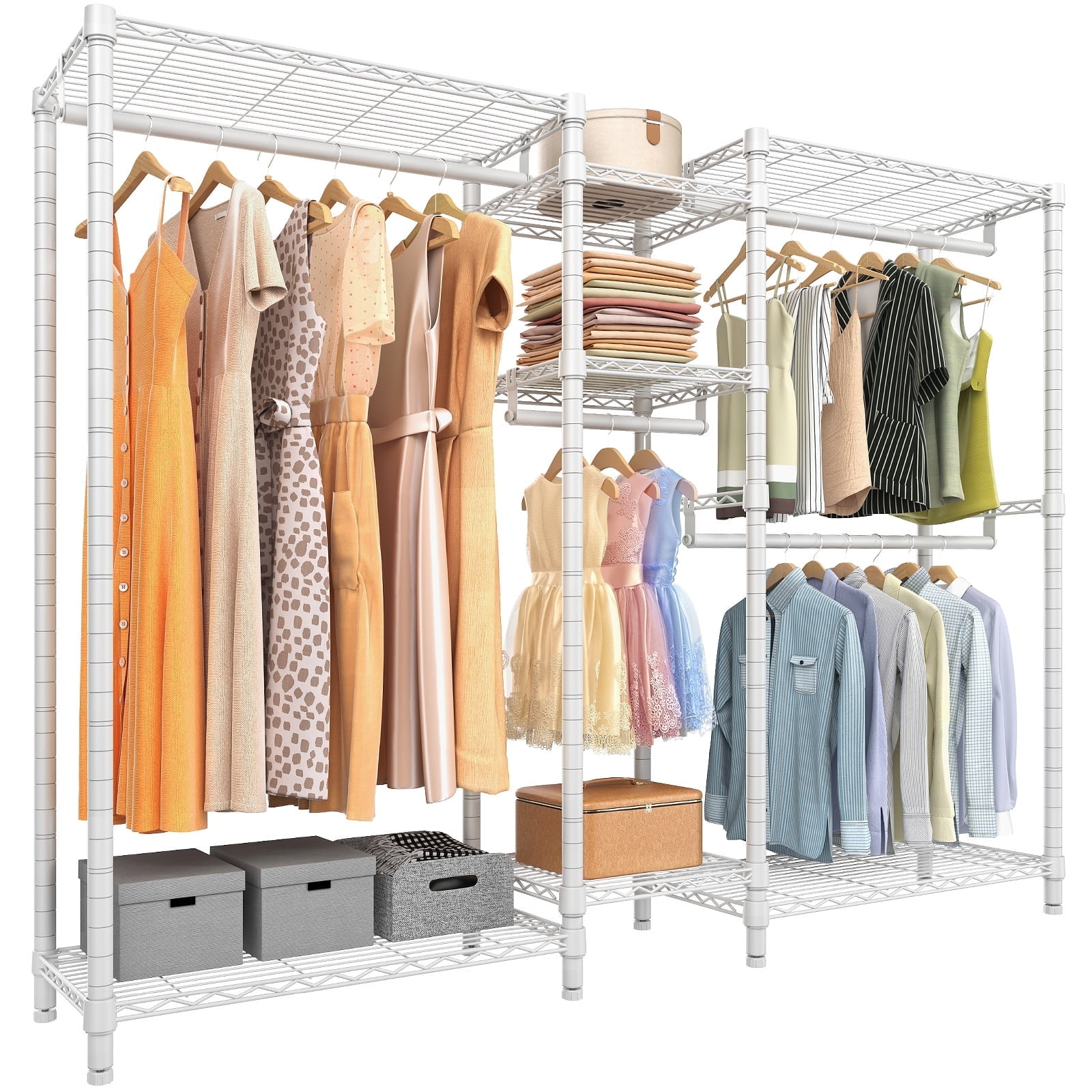 Ulif E7 Heavy Duty Garment Rack, Clothes Organizer and Storage Rack with Expandable Hangers, Metal Clothing Rack with 6 Wire Shelves, (52.3"-72") W x 14.5" D x 71.2" H, Load 838 LBS, White