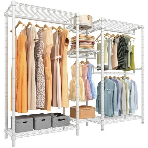 Ulif E7 Heavy Duty Garment Rack, Clothes Organizer and Storage Rack with Expandable Hangers, Metal Clothing Rack with 6 Wire Shelves, (52.3"-72") W x 14.5" D x 71.2" H, Load 838 LBS, White