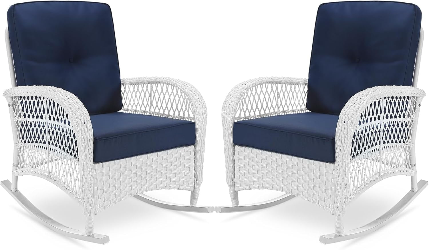 Beachcrest Home™ Beachcrest Home Outdoor Wicker Rocking Chairs Set Of 2, Rattan Patio Rocker Chairs With Thick Cushions And High Back, All-Weather Patio Wicker Chair With Safe Rocking Design For Garden, White Wicker