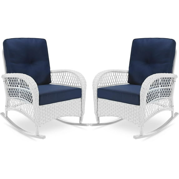 Beachcrest Home™ Beachcrest Home Outdoor Wicker Rocking Chairs Set Of 2, Rattan Patio Rocker Chairs With Thick Cushions And High Back, All-Weather Patio Wicker Chair With Safe Rocking Design For Garden, White Wicker